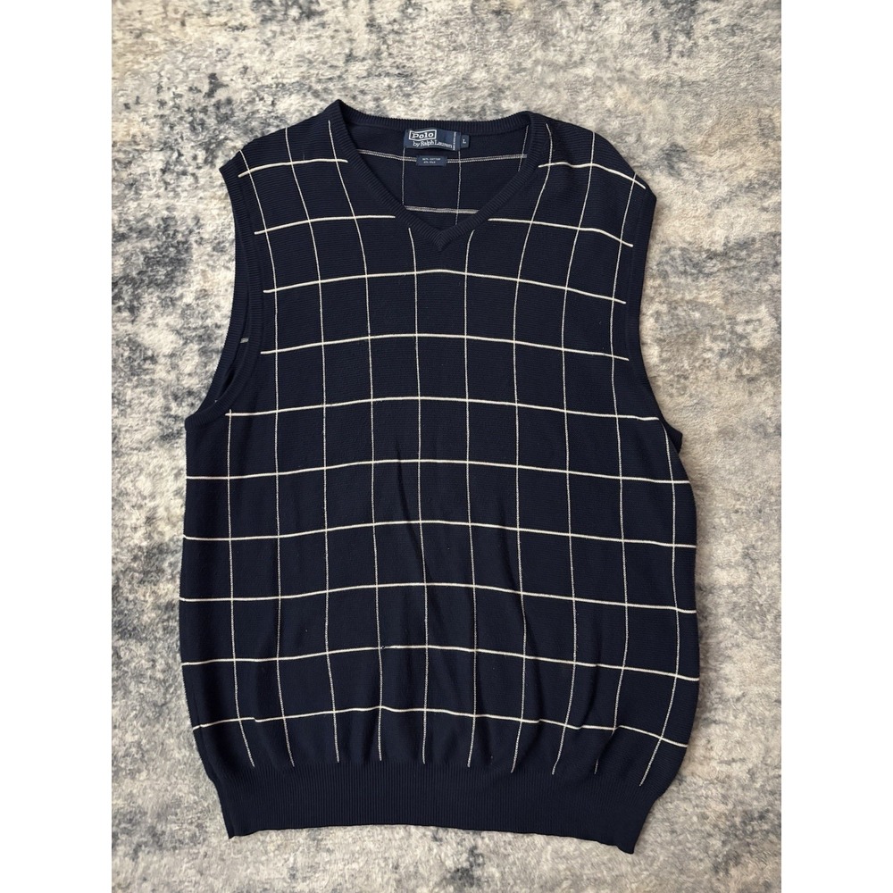 Vintage Polo Ralph Lauren Large L Sweater Vest Mens Cotton Silk Blend Navy Plaid